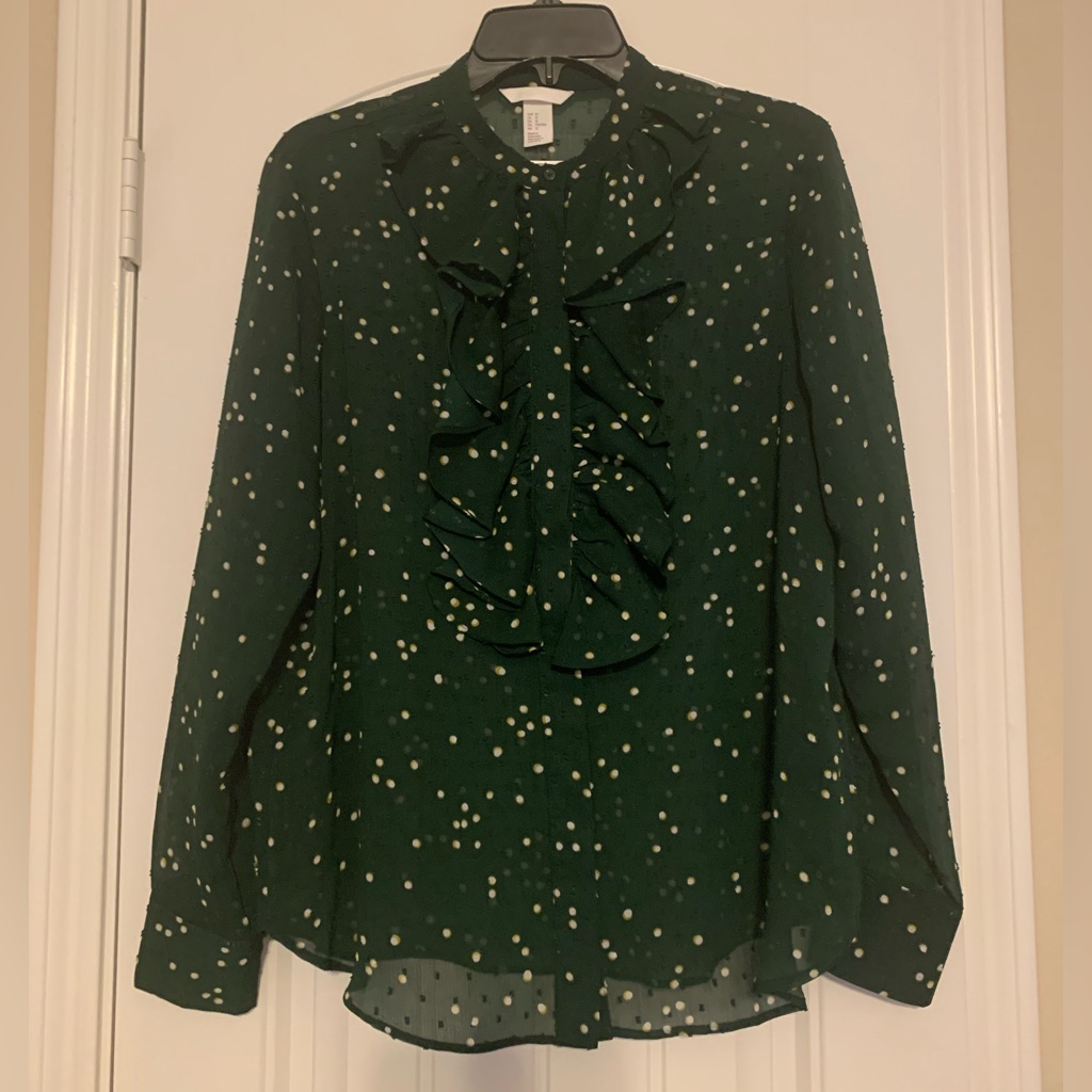 H&M Hunter Green & White Polka Dots W/ Ruffled Front Button-Up Blouse L 12 L Nwt